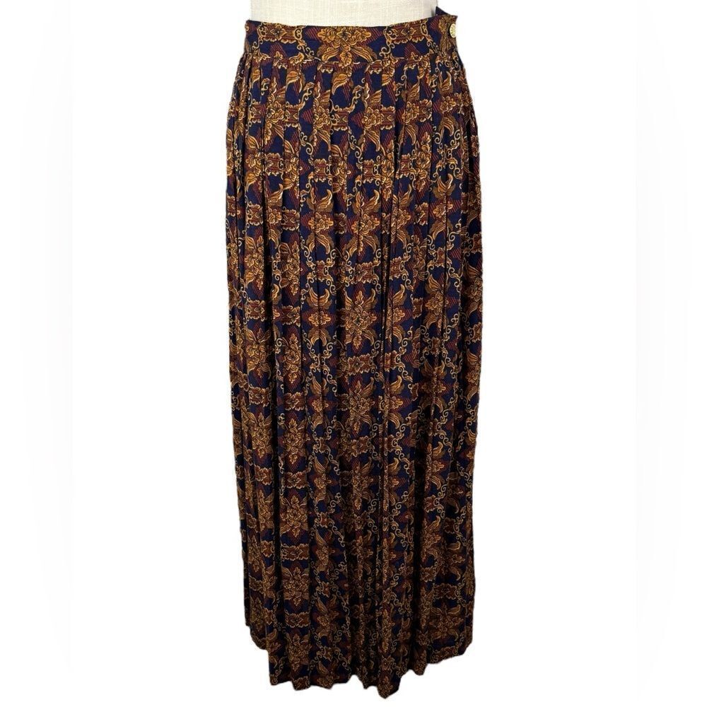 Sk & Company Navy & Gold Floral Vintage High Waist Pleated Midi Skirt